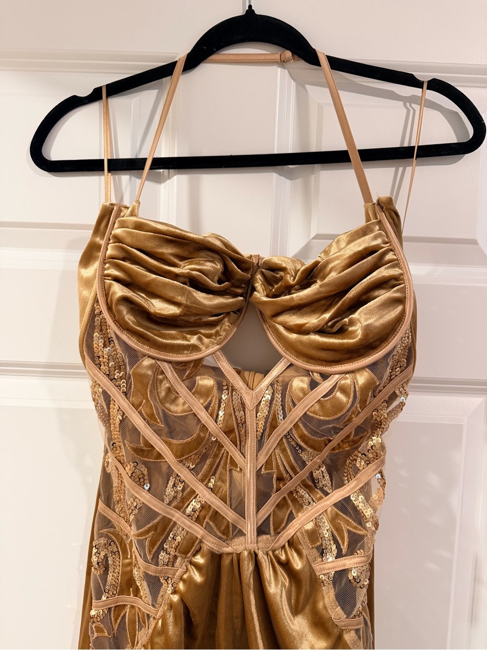 Fashion Nova Gold Satin Sequin Evening Dress